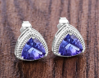 14K White Gold Tanzanite Earrings, Genuine Tanzanite Trillion-Cut and Diamond Stud Earrings, December Birthstone, 14k Gold Tanzanite Studs