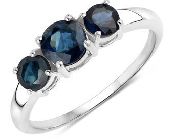 14K Gold Blue Sapphire Ring, Natural Blue Sapphire 3-Stone Ring, White Gold Sapphire Ring, Blue Gemstone Ring, Blue Sapphire Gold Ring