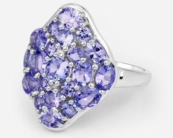 Tanzanite Ring, Real Tanzanite Cluster Ring in .925 Sterling Silver with Rhodium Plating, for Women, December Birthstone