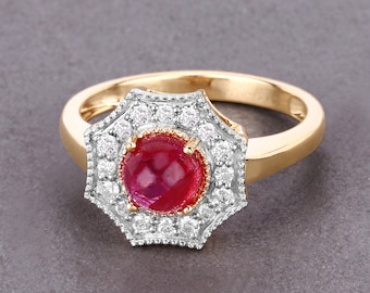 14K Gold Ruby Ring, Genuine Ruby and Diamond Yellow Gold Ring for Women, Bridal Ruby Ring, July Birthstone Ring, Engagement Ring