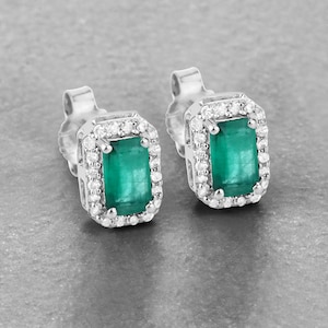 Natural Emerald Earrings, Emerald and Diamond Earrings in 14k Yellow Gold, May Birthstone, Emerald Stud, Bridesmaid Gift, Minimalist Jewelry