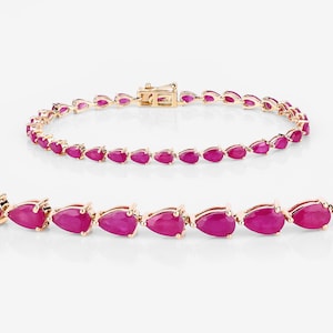 14k Gold Ruby Bracelet, Genuine Ruby Pears 14k Gold Bracelet for Women, 14k Solid Yellow Gold Ruby Tennis Bracelet, Anniversary Gift