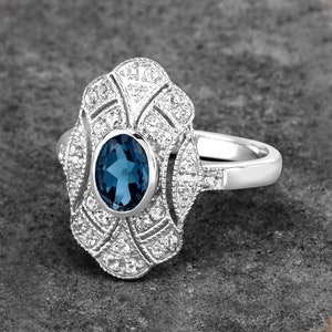 London Blue Topaz Ring, Genuine London Blue Topaz Classic Style Silver Ring for Women, Blue Topaz Oval Gemstone December Birthstone Ring