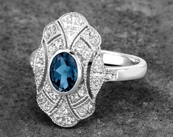 London Blue Topaz Ring, Genuine London Blue Topaz Classic Style Silver Ring for Women, Blue Topaz Oval Gemstone December Birthstone Ring