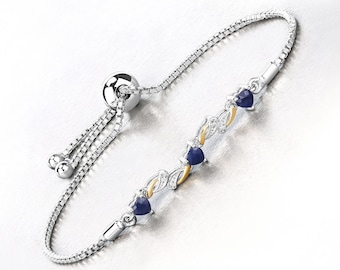Sapphire Bracelet, Genuine Blue and White Sapphire Two-Tone Bolo Bracelet in .925 Sterling Silver, September Birthstone, Bracelet for Her