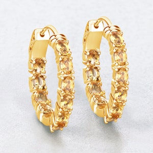 Citrine Earrings, Genuine Citrine Hoop Silver Gold Plated Earrings for Women, Natural Yellow Gemstone Earrings, Bridesmaid Gift for Her