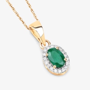 14k Gold Emerald Pendant, Genuine Zambian Emerald Oval and Diamond 14k Yellow Gold Pendant Necklace for Women, May Birthstone Gift for Her