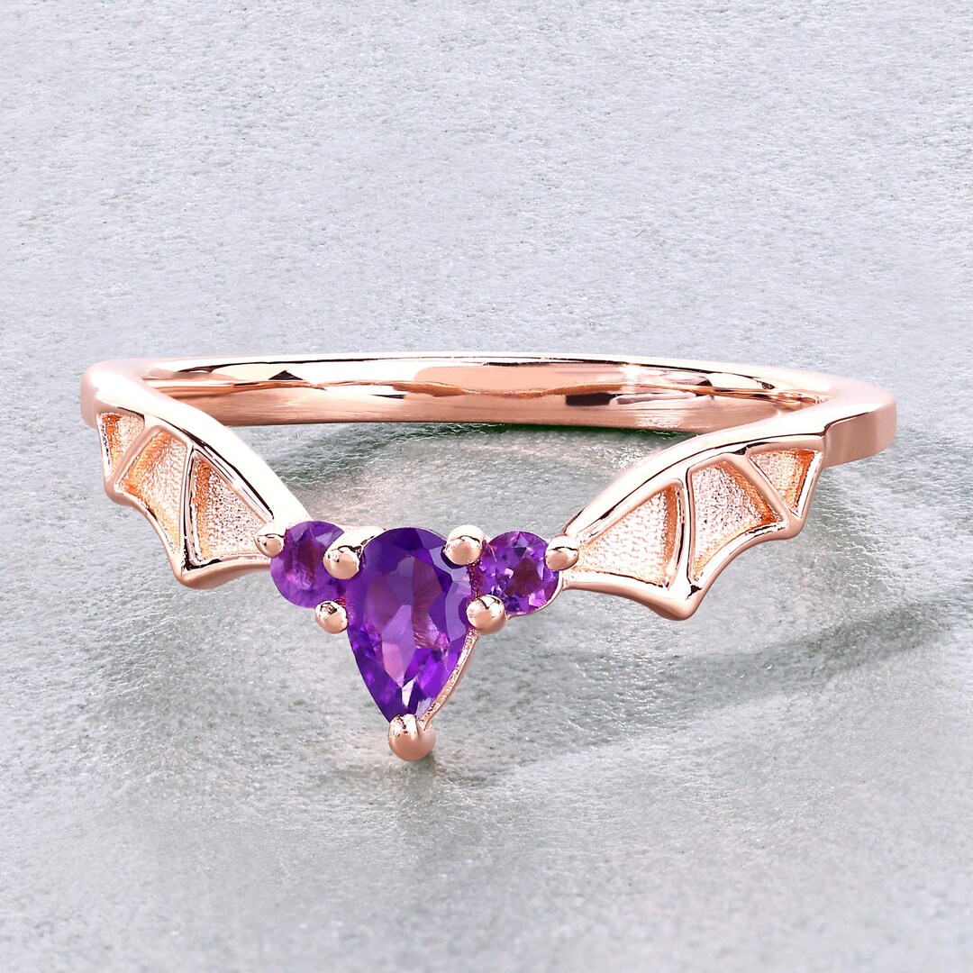 Amethyst Bat Ring, 3-stone Gothic Bat Ring, February Birthstone, Rose ...