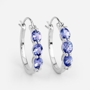 Tanzanite Earrings, Natural Tanzanite 3-Stone Hinged Hoop Earrings in .925 Sterling Silver, December Birthstone