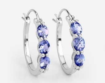 Tanzanite Earrings, Natural Tanzanite 3-Stone Hinged Hoop Earrings in .925 Sterling Silver, December Birthstone