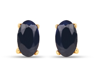 14K Solid Yellow Gold Sapphire Earrings, Natural Blue Sapphire Oval Stud Earrings, September Birthstone Earrings, Dainty Earrings