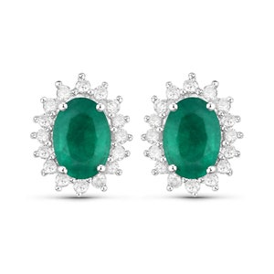 14k Gold Emerald Earrings, Genuine Emerald Oval and Diamond 14k White Gold Stud Earrings for Women, Bridesmaid Gift, May Birthstone Gift