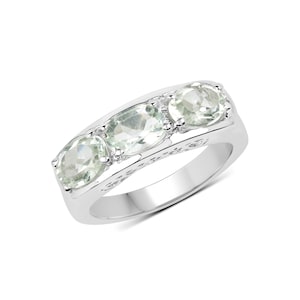 Prasiolite Ring, Natural Prasiolite 3 Stone Ring, Prasiolite Oval Cut, Anniversary Ring, Sterling Silver Ring, February Birthstone Ring