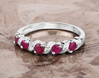 Ruby Ring, Natural Ruby 5-Stone Sterling Silver Ring for Women, July Birthstone Ring, Red Gemstone Ring, Bridesmaid Gift for Her