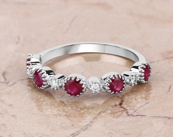 14k Gold Ruby & Diamond Ring, Genuine Ruby Ring with Diamonds, Dainty Ruby Rings 14K White Gold, Minimalist Ruby Ring, July Birthstone Ring