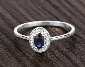 14K White Gold Ring, Blue Sapphire Halo Ring, Genuine Sapphire, Minimalist Gold Ring, September Birthstone, White Gold Ring, Gifts For Women