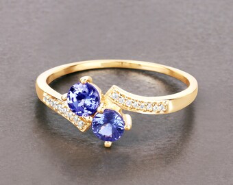 Yellow Gold Genuine Tanzanite and Diamond Ring, 14k Yellow Gold Ring, Tanzanite Gold Ring, Minimalist Gold Ring, Gold Ring For Women