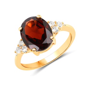 Garnet Ring, Genuine Red Garnet and White Topaz 14K Yellow Gold Sterling Silver Ring, Garnet Ring for Women, January Birthstone Ring