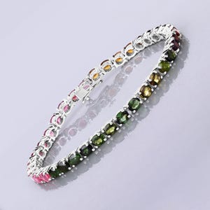 Pulsera de tenis de plata esterlina con turmalina natural para mujer, pulsera de turmalina rosa, verde y marrón, regalo de aniversario para mujer, 11,16 cts.