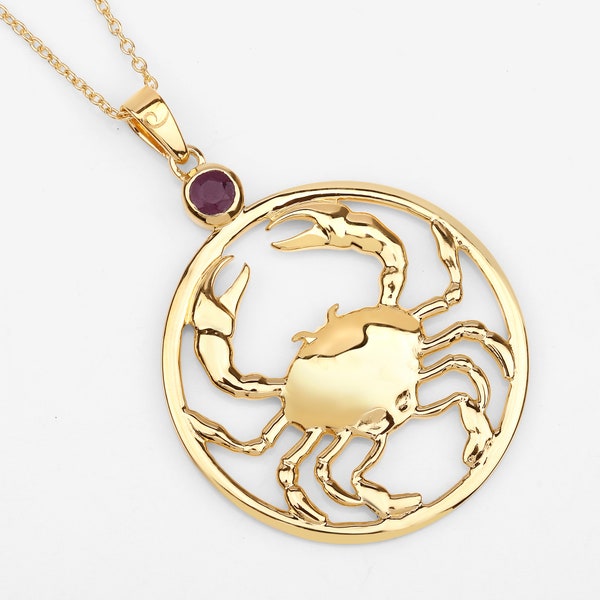 Cancer Crab Pendant, 14k Sterling Silver Yellow Gold Plated Genuine Ruby Cancer Zodiac Pendant Necklace, Astrology Zodiac Sign Jewelry Gifts