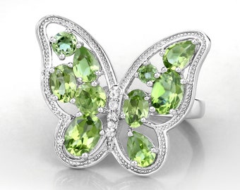 Peridot Ring, Genuine Peridot Sterling Silver Butterfly Ring for Women, Real Peridot Butterfly Ring, August Birthstone Ring