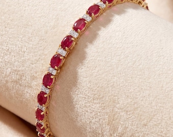14k Gold Ruby Bracelet, Genuine Ruby Ovals and Diamond Gold Bracelet for Women, 14k Solid Yellow Gold Ruby Tennis Bracelet, July Birthstone