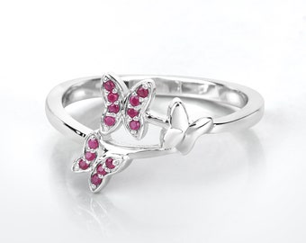 Ruby Ring, Genuine Ruby Sterling Silver Butterfly Ring, Ruby Butterfly Ring, Bypass Ring, Gift for Her, July Birthstone