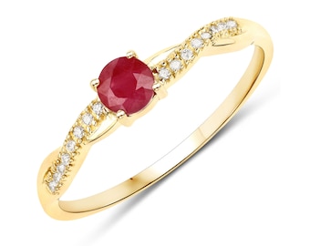 14k Gold Ruby & Diamond Ring, Genuine Ruby Ring with Diamonds, Dainty Ruby Rings 14K Yellow Gold, Minimalist Ruby Ring, July Birthstone Ring