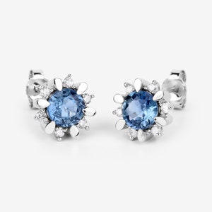14k Gold Sapphire Earrings, Genuine Blue Sapphire and Diamond Earrings 14k White Gold, September Birthstone Earrings, Bridesmaid Earrings
