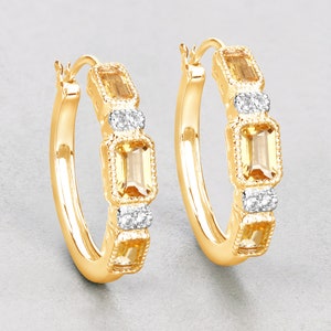 Citrine Earrings, Citrine Hoop Earrings Sterling Silver with 14K Yellow Gold Plated, Citrine Earrings for Women, November Birthstone