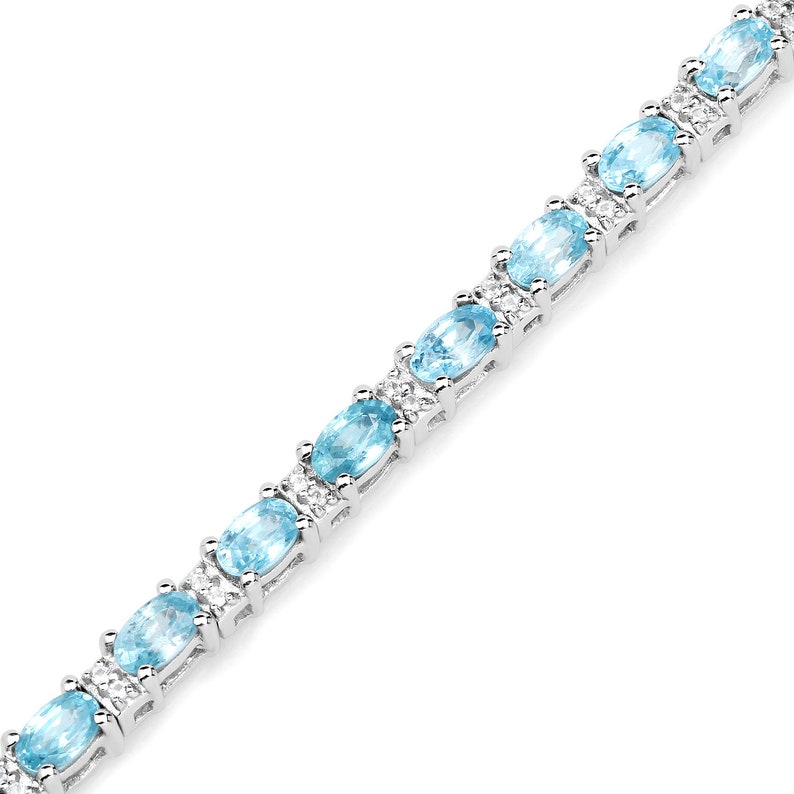 Blue Zircon Bracelet, Natural Blue Zircon Ovals Silver Tennis Bracelet, Blue Gemstone Bracelet for Her, Anniversary Bracelet Gift image 4