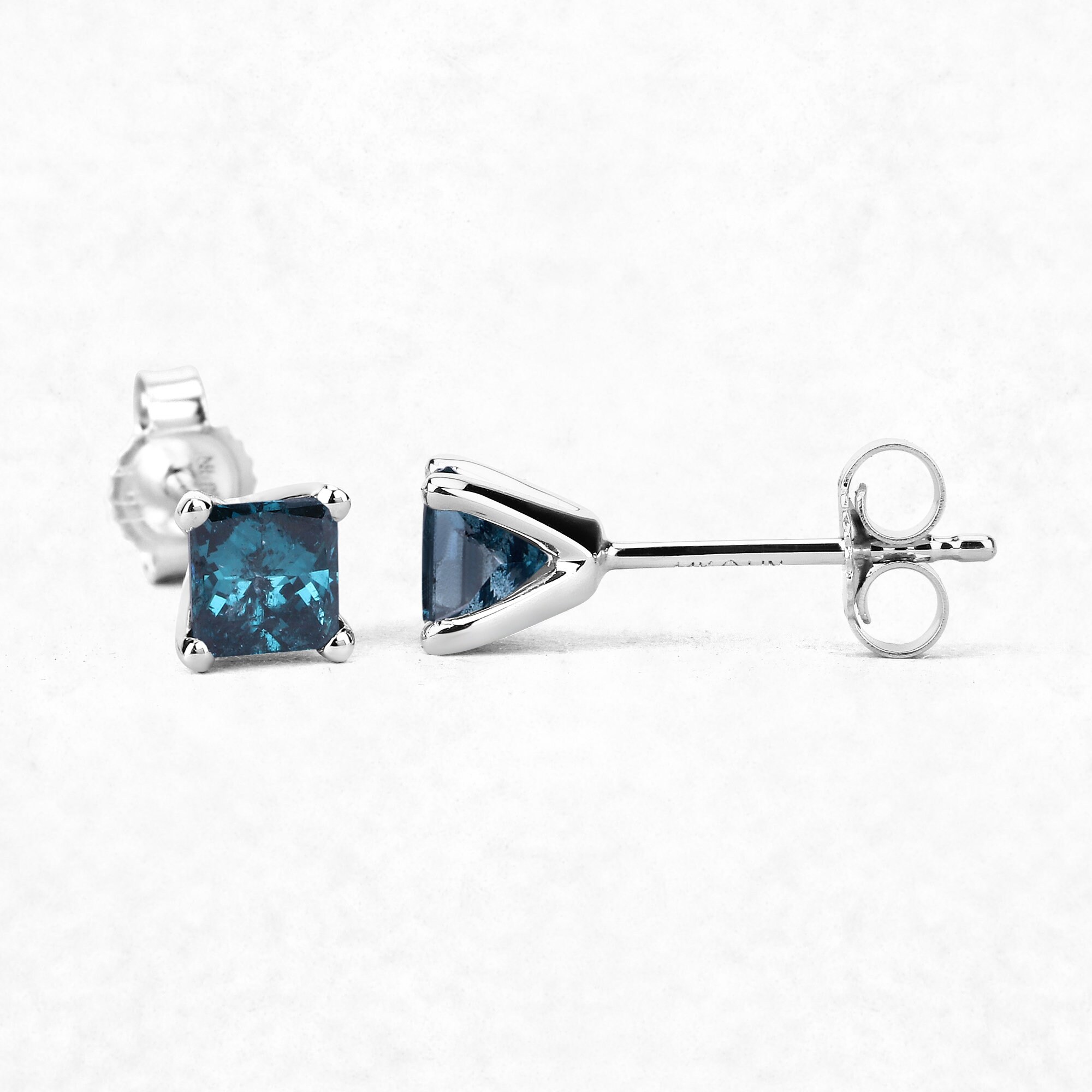 Blue Diamond Earrings 14k Solid White Gold PrincessCut Blue Etsy España