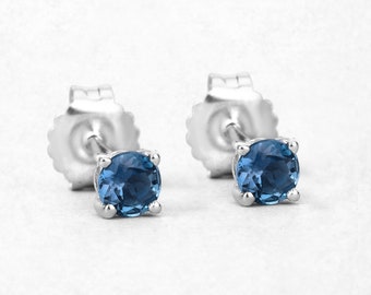 London Blue Topaz Earrings, Genuine London Blue Topaz Round Stud Silver Earrings, December Birthstone Earrings, Blue Topaz Studs for Women