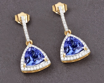 14K Yellow Gold Tanzanite Earrings, Genuine Tanzanite Trillion-Cut and Diamond Drop Earrings, December Birthstone, Anniversary Gift for Wife