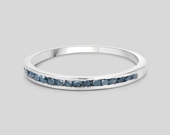 Blue Diamond Ring, Natural Blue Diamond Half-Eternity Band Ring, April Birthstone, Minimalist Ring Round Cut Diamond, Stackable Diamond Ring