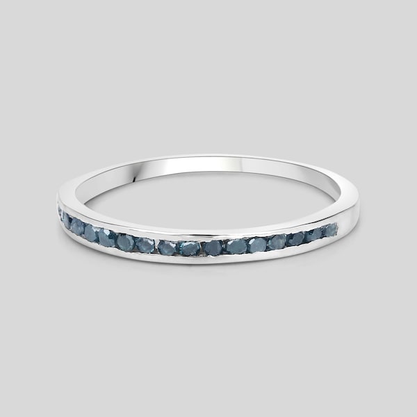 Blue Diamond Ring, Natural Blue Diamond Half-Eternity Band Ring, April Birthstone, Minimalist Ring Round Cut Diamond, Stackable Diamond Ring