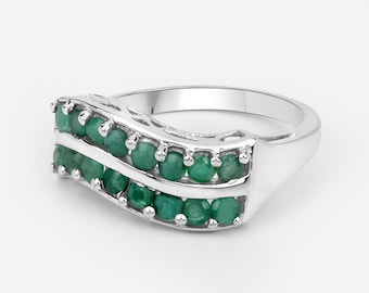 Emerald Silver Ring, Natural Emerald Gemstone Ring, Emerald Double Row Ring, May Birthstone Ring, Emerald Rounds Ring