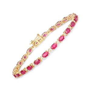 14k Gold Ruby Bracelet, Genuine Ruby Ovals and Diamond Gold Bracelet for Women, 14k Solid Yellow Gold Ruby Tennis Bracelet, July Birthstone