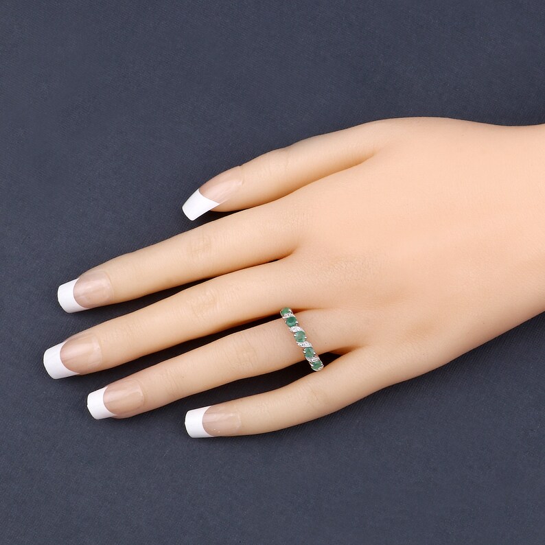 Emerald Ring, Natural Emerald 5-Stone Sterling Silver Ring for Women, May Birthstone Ring, Green Gemstone Ring, Gift for Her