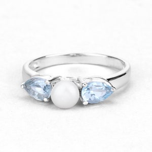 Pearl Ring, Dainty White Pearl and Blue Topaz Silver Ring for Women, June Birthstone Ring, Stackable Ring, Gift for Her, Gifts for Mom