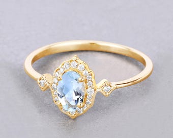 Aquamarine, Aquamarine Halo Ring, Aquamarine & Diamond Yellow Gold Ring, Genuine Aquamarine, Aquamarine Jewelry, Minimalist, Engagement Ring
