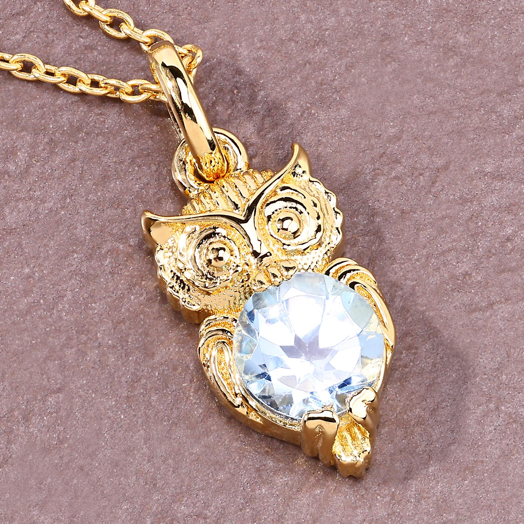 Blue Topaz Owl Necklace, Gold Plated Silver Owl Pendant, Bird Pendant, Art Deco Pendant, Gothic Jewe