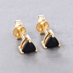 14K Solid Yellow Gold Sapphire Earrings, Natural Midnight Black Sapphire Trillion Stud Earrings, Dainty September Birthstone Earrings