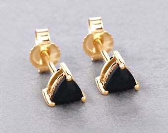 14K Solid Yellow Gold Sapphire Earrings, Natural Midnight Black Sapphire Trillion Stud Earrings, Dainty September Birthstone Earrings