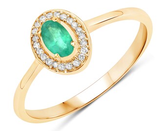 Emerald Ring, 14k Gold Oval Shape Natural Emerald & Diamond Ring, May Birthstone, Genuine Emerald, Emerald Gold Ring, Christmas Gift