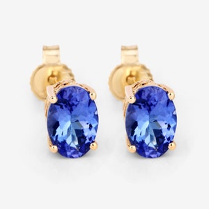 Tanzanite Earrings, Solid 14k Yellow Gold Natural Tanzanite Stud Earrings, Gold Tanzanite Studs, December Birthstone Earring, Gift for Mom