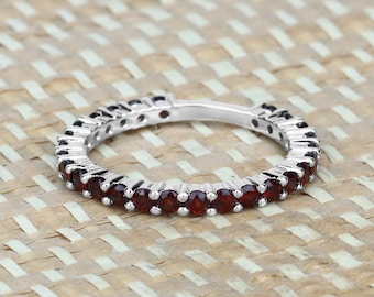 Garnet Ring, Natural Garnet Rounds Full Eternity Band Ring in .925 Sterling Silver, January Birthstone, Engagement Ring, Promise Ring