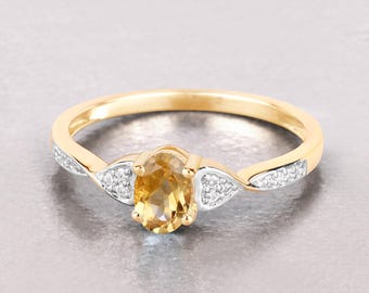 Citrine Yellow Gold Ring, Genuine Golden Citrine and Diamond Ring, Crossover Ring, Minimalist Ring, November Birthstone, Bridesmaid Gift