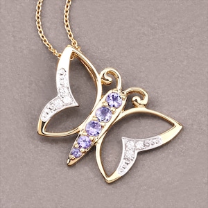Tanzanite Pendant, Genuine Tanzanite 14K Yellow Gold Sterling Silver Butterfly Pendant Necklace for Women, Tanzanite Butterfly Pendant Gift