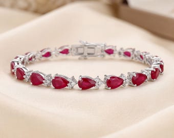 14k Gold Ruby Bracelet, July Birthstone Bracelet, Genuine Ruby and Diamond White Gold Bracelet for Women, Ruby Tennis Bracelet